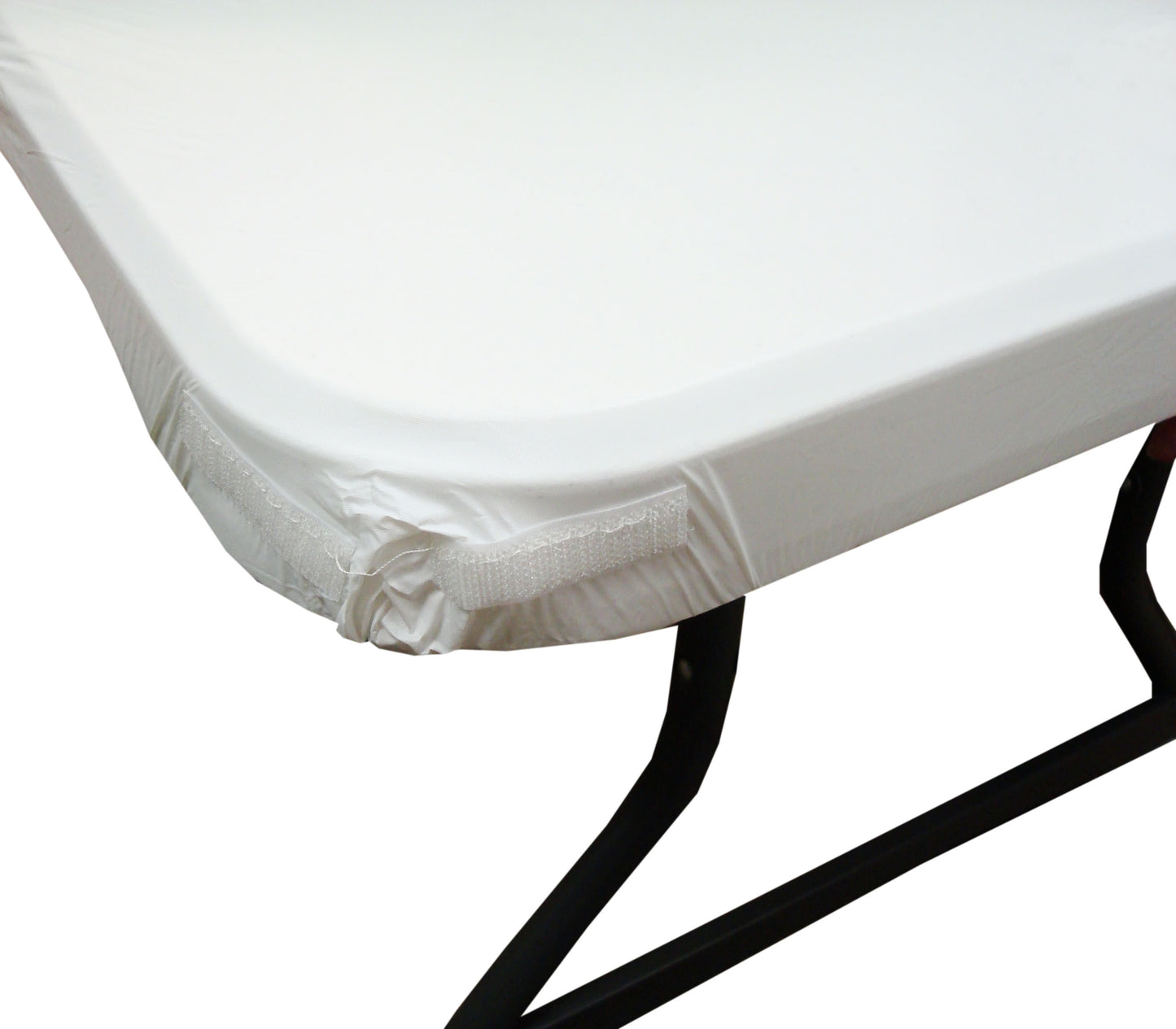 Polyester Reusable Skirt and White Fitted Table Cover with Velcro-Like Fasteners for 6' or 8' Tables